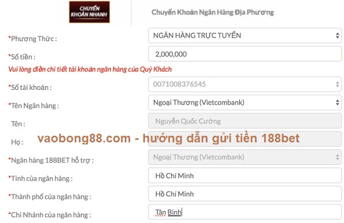 Hướng dẫn gửi tiền 188bet