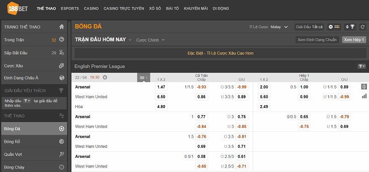 Hướng dẫn cách chơi cá độ bóng đá tại 188bet 2